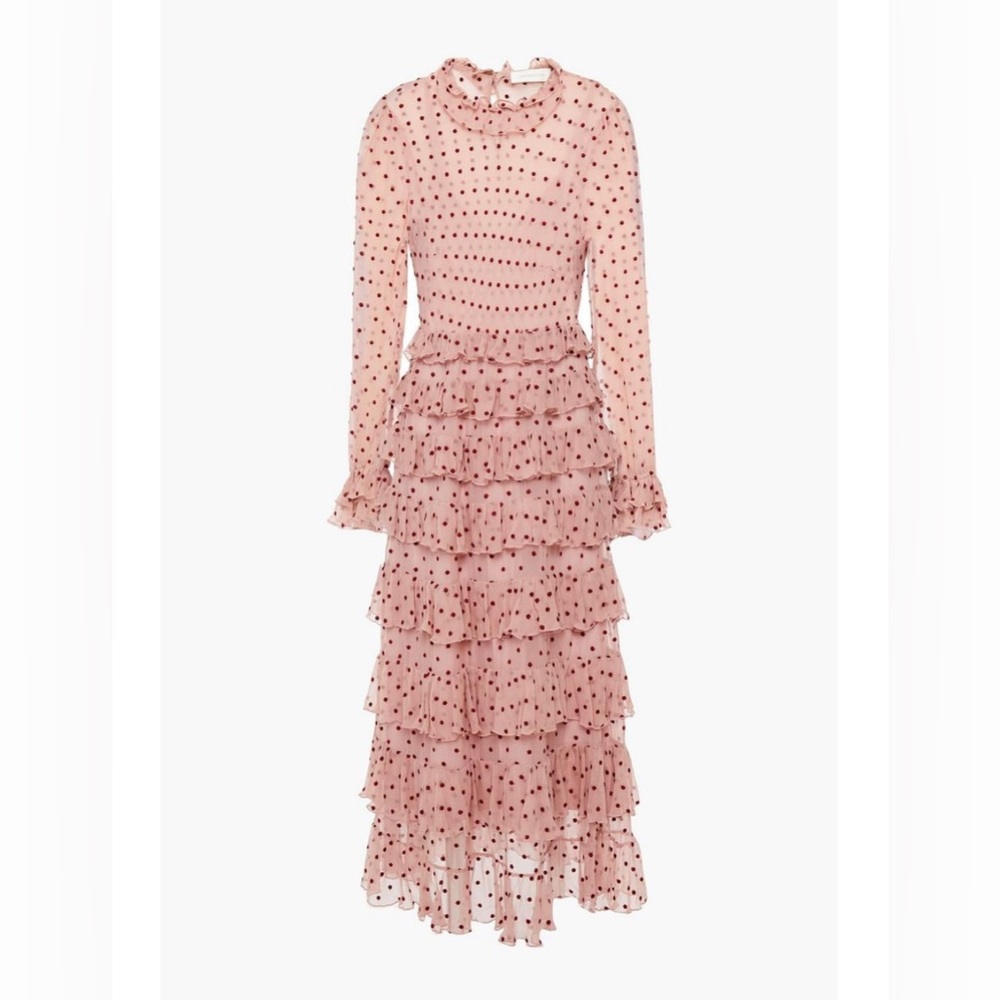 Women’s pink wavelength Tiered Swiss-dot Silk-georgette Midi Dress